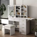 JVNOXK White Makeup Vanity Desk with Lighted Mirror & Chair, 5 Drawers, Open Shelves, 3 Color Adjustable LED Lighting Vanity Table Set