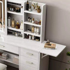 JVNOXK Coiffeuse blanche avec miroir lumineux et chaise, 5 tiroirs, étagères ouvertes, ensemble de coiffeuse avec éclairage LED réglable 3 couleurs