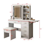 JVNOXK Coiffeuse blanche avec miroir lumineux et chaise, 5 tiroirs, étagères ouvertes, ensemble de coiffeuse avec éclairage LED réglable 3 couleurs
