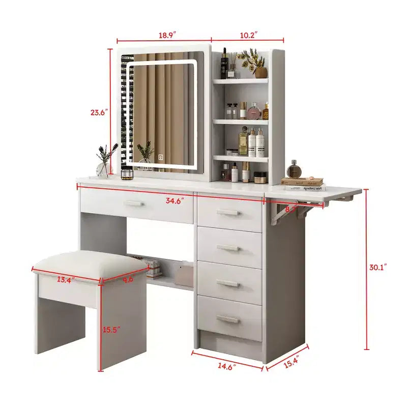 JVNOXK Coiffeuse blanche avec miroir lumineux et chaise, 5 tiroirs, étagères ouvertes, ensemble de coiffeuse avec éclairage LED réglable 3 couleurs