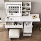 JVNOXK Coiffeuse blanche avec miroir lumineux et chaise, 5 tiroirs, étagères ouvertes, ensemble de coiffeuse avec éclairage LED réglable 3 couleurs