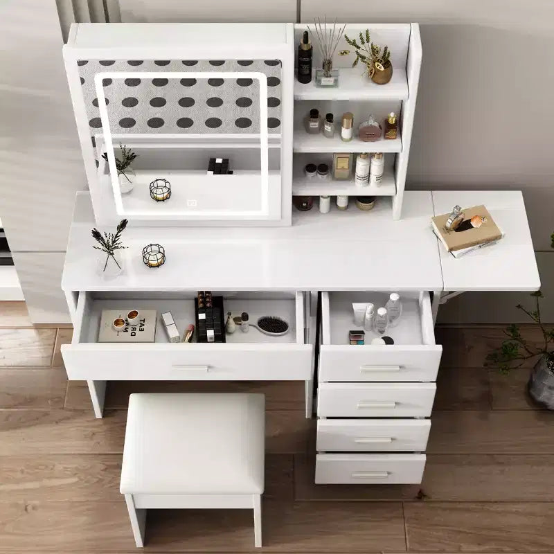 JVNOXK Coiffeuse blanche avec miroir lumineux et chaise, 5 tiroirs, étagères ouvertes, ensemble de coiffeuse avec éclairage LED réglable 3 couleurs