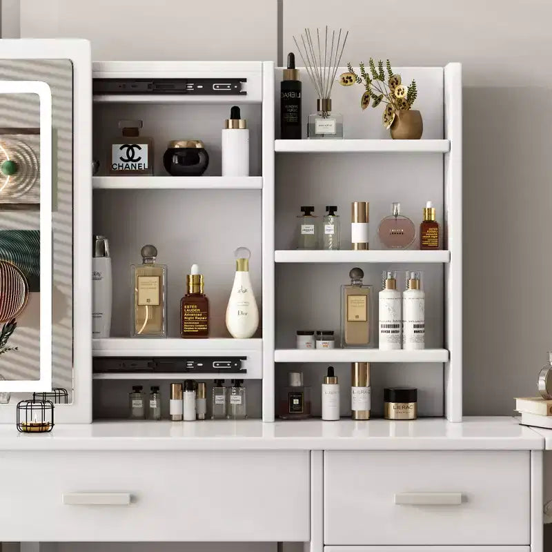 JVNOXK Coiffeuse blanche avec miroir lumineux et chaise, 5 tiroirs, étagères ouvertes, ensemble de coiffeuse avec éclairage LED réglable 3 couleurs