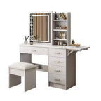 JVNOXK Coiffeuse blanche avec miroir lumineux et chaise, 5 tiroirs, étagères ouvertes, ensemble de coiffeuse avec éclairage LED réglable 3 couleurs