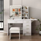 JVNOXK Coiffeuse blanche avec miroir lumineux et chaise, 5 tiroirs, étagères ouvertes, ensemble de coiffeuse avec éclairage LED réglable 3 couleurs