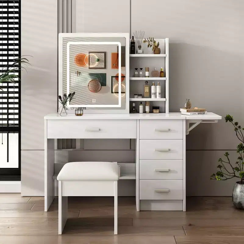 JVNOXK Coiffeuse blanche avec miroir lumineux et chaise, 5 tiroirs, étagères ouvertes, ensemble de coiffeuse avec éclairage LED réglable 3 couleurs
