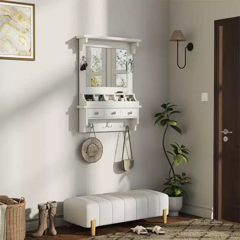 Coiffeuse flottante blanche JVNOXK avec grand miroir, coiffeuse murale de rangement avec tiroirs, pochettes et crochets, peu encombrante pour les petits espaces