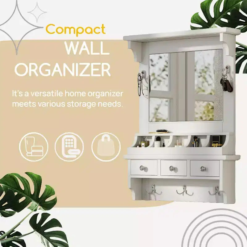 Coiffeuse flottante blanche JVNOXK avec grand miroir, coiffeuse murale de rangement avec tiroirs, pochettes et crochets, peu encombrante pour les petits espaces