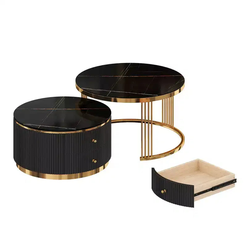 Table basse gigogne ronde moderne Whisen avec tiroirs de rangement et plateau en verre trempé, 2 pièces