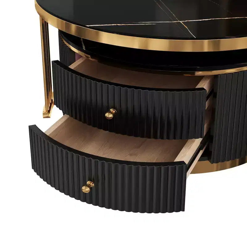Table basse gigogne ronde moderne Whisen avec tiroirs de rangement et plateau en verre trempé, 2 pièces