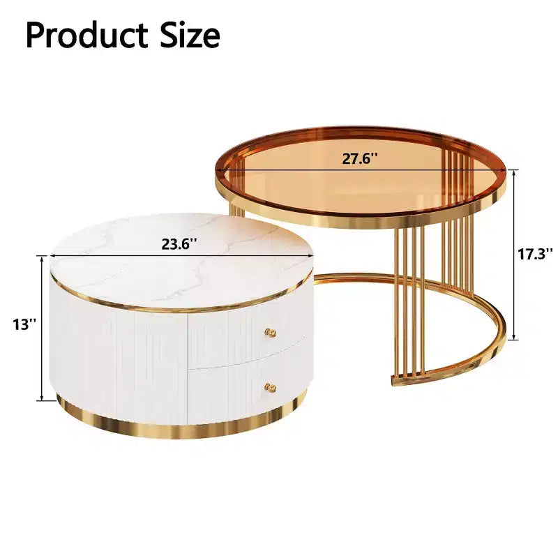 Table basse gigogne ronde moderne Whisen avec tiroirs de rangement et plateau en verre trempé, 2 pièces
