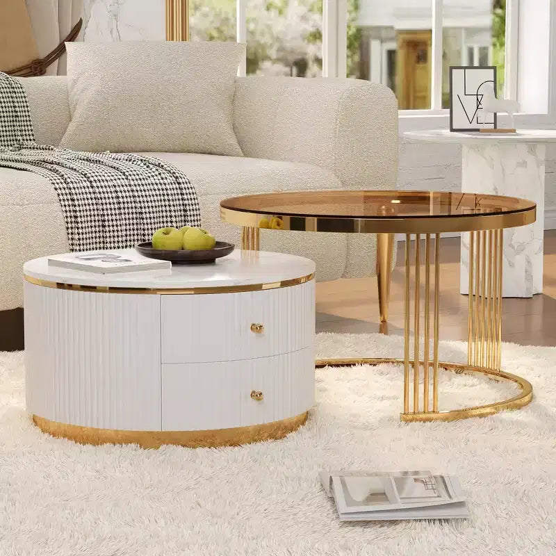 Table basse gigogne ronde moderne Whisen avec tiroirs de rangement et plateau en verre trempé, 2 pièces