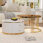 Table basse gigogne ronde moderne Whisen avec tiroirs de rangement et plateau en verre trempé, 2 pièces