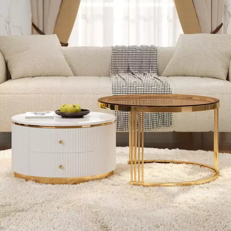 Table basse gigogne ronde moderne Whisen avec tiroirs de rangement et plateau en verre trempé, 2 pièces