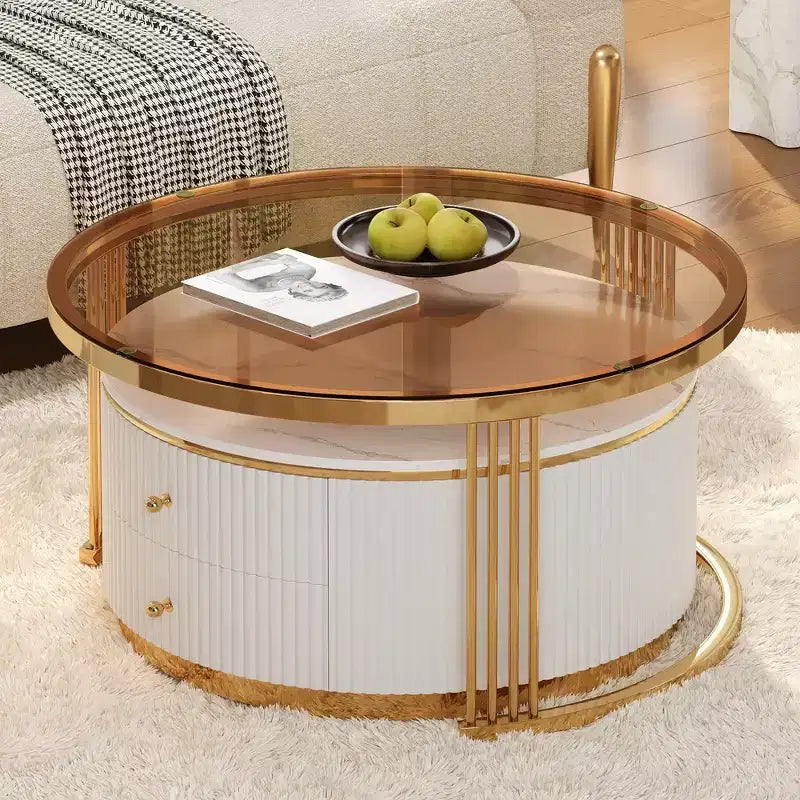 Table basse gigogne ronde moderne Whisen avec tiroirs de rangement et plateau en verre trempé, 2 pièces