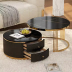 Table basse gigogne ronde moderne Whisen avec tiroirs de rangement et plateau en verre trempé, 2 pièces