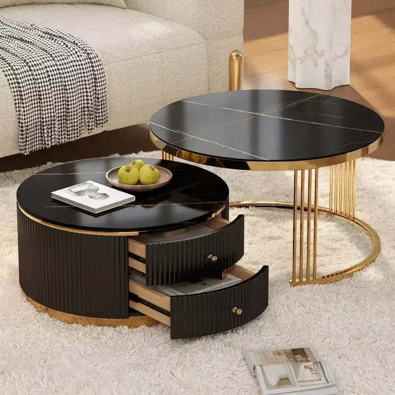Table basse gigogne ronde moderne Whisen avec tiroirs de rangement et plateau en verre trempé, 2 pièces