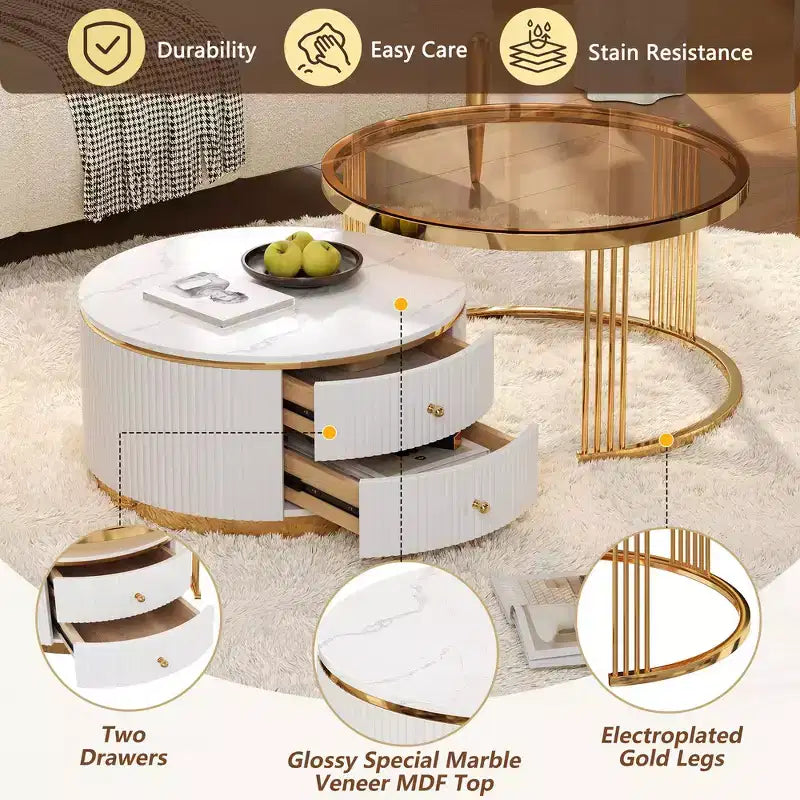 Table basse gigogne ronde moderne Whisen avec tiroirs de rangement et plateau en verre trempé, 2 pièces