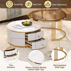 Table basse gigogne ronde moderne Whisen avec tiroirs de rangement et plateau en verre trempé, 2 pièces