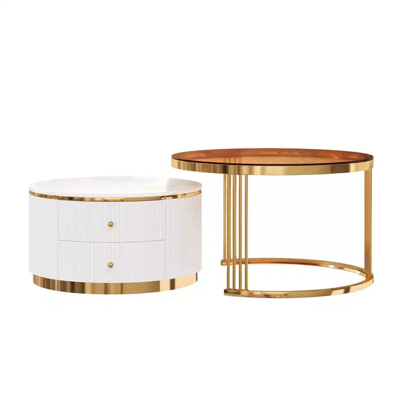 Table basse gigogne ronde moderne Whisen avec tiroirs de rangement et plateau en verre trempé, 2 pièces