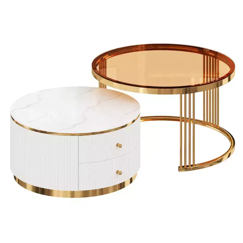 Table basse gigogne ronde moderne Whisen avec tiroirs de rangement et plateau en verre trempé, 2 pièces