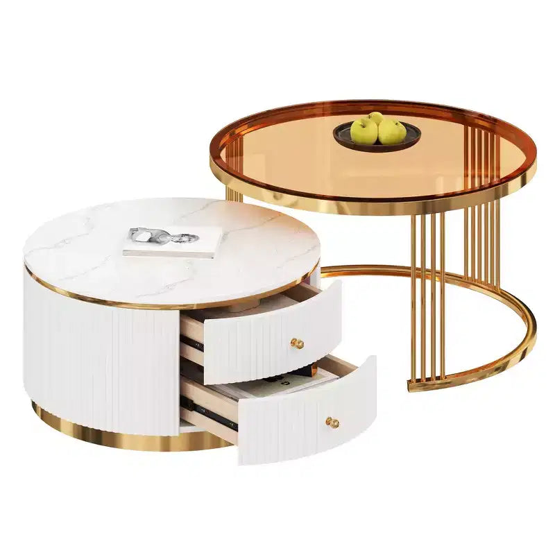 Table basse gigogne ronde moderne Whisen avec tiroirs de rangement et plateau en verre trempé, 2 pièces