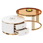 Table basse gigogne ronde moderne Whisen avec tiroirs de rangement et plateau en verre trempé, 2 pièces