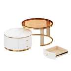 Table basse gigogne ronde moderne Whisen avec tiroirs de rangement et plateau en verre trempé, 2 pièces
