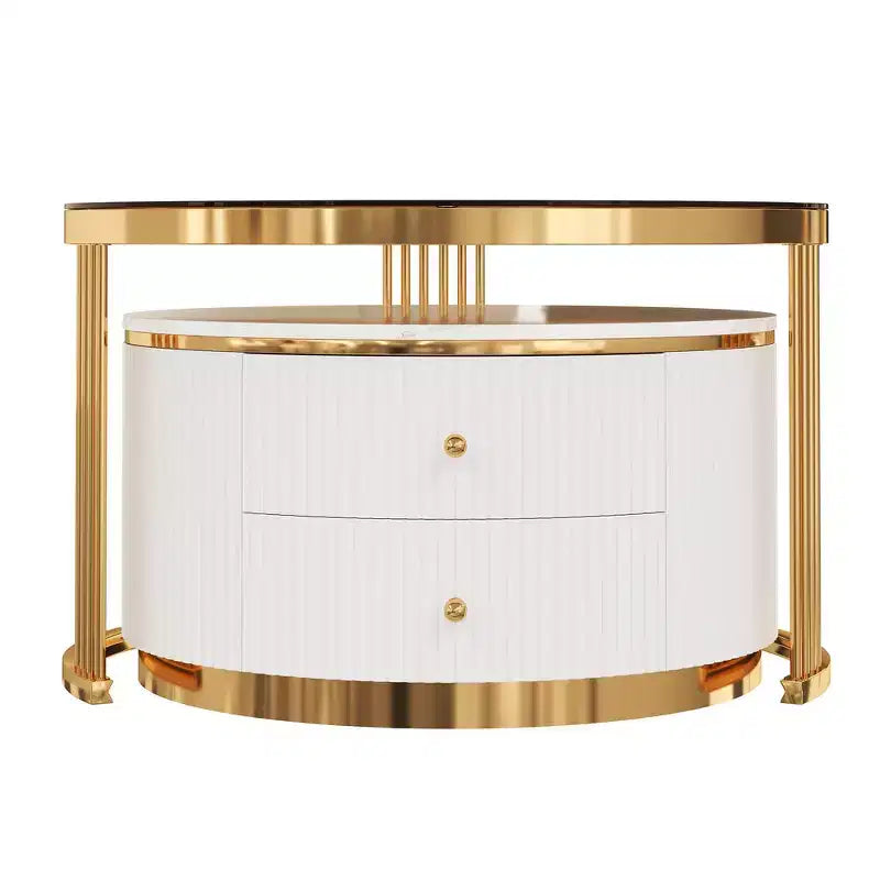 Table basse gigogne ronde moderne Whisen avec tiroirs de rangement et plateau en verre trempé, 2 pièces