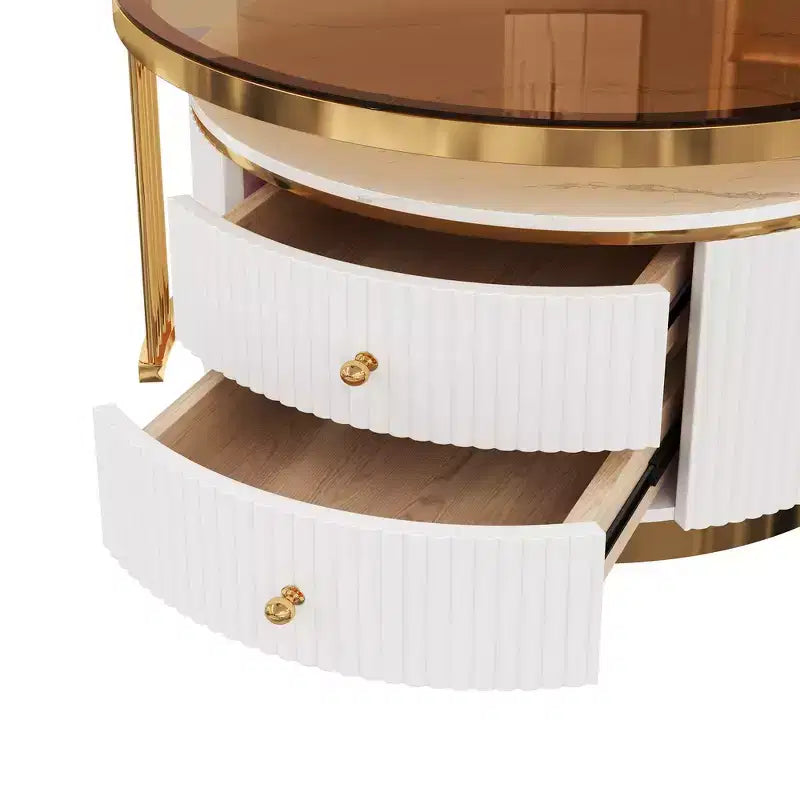 Table basse gigogne ronde moderne Whisen avec tiroirs de rangement et plateau en verre trempé, 2 pièces