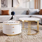 Table basse gigogne ronde moderne Whisen avec tiroirs de rangement et plateau en verre trempé, 2 pièces