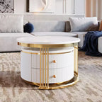Table basse gigogne ronde moderne Whisen avec tiroirs de rangement et plateau en verre trempé, 2 pièces