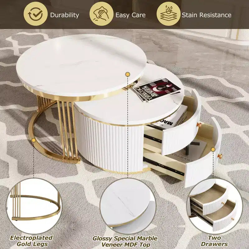 Table basse gigogne ronde moderne Whisen avec tiroirs de rangement et plateau en verre trempé, 2 pièces