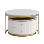 Table basse gigogne ronde moderne Whisen avec tiroirs de rangement et plateau en verre trempé, 2 pièces