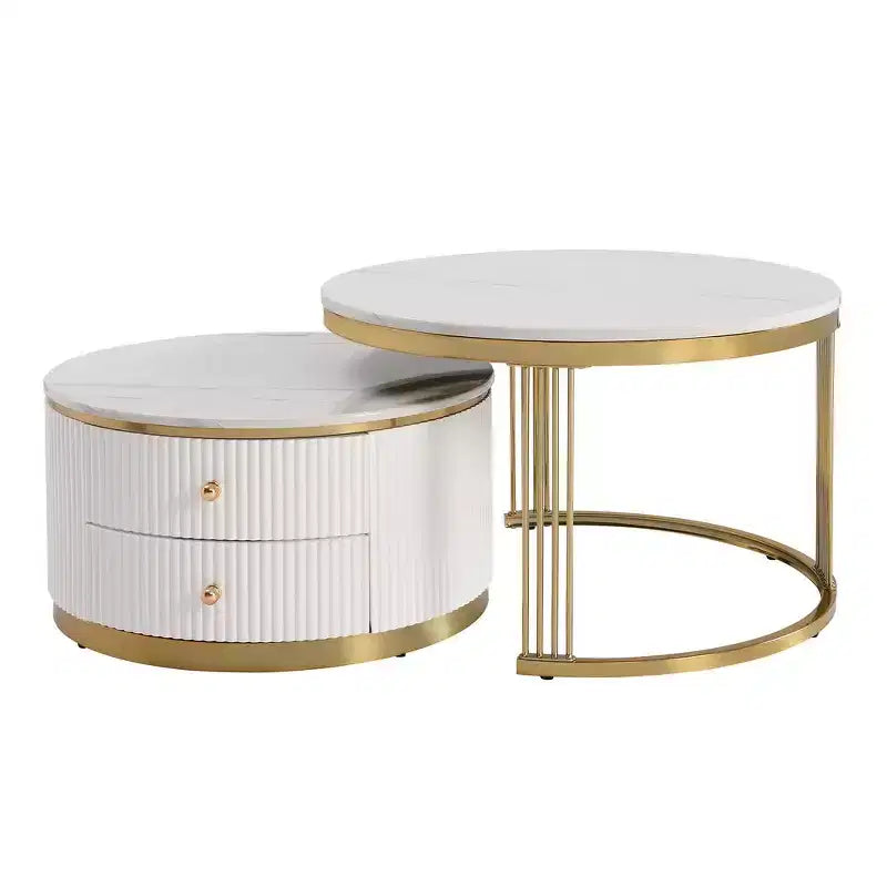 Table basse gigogne ronde moderne Whisen avec tiroirs de rangement et plateau en verre trempé, 2 pièces