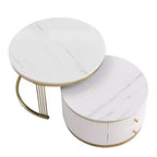 Table basse gigogne ronde moderne Whisen avec tiroirs de rangement et plateau en verre trempé, 2 pièces