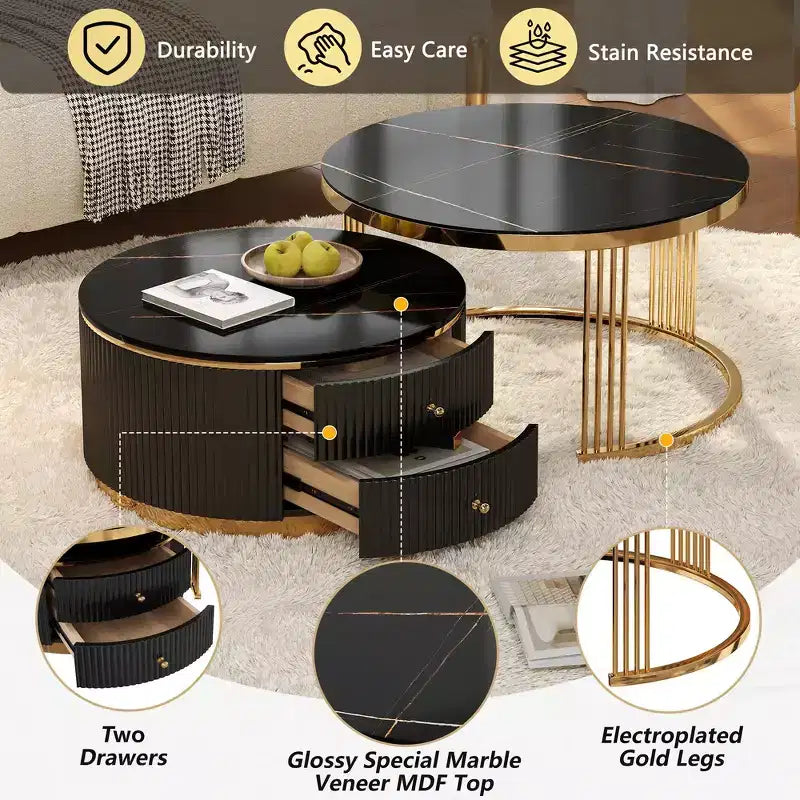 Table basse gigogne ronde moderne Whisen avec tiroirs de rangement et plateau en verre trempé, 2 pièces