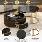 Table basse gigogne ronde moderne Whisen avec tiroirs de rangement et plateau en verre trempé, 2 pièces