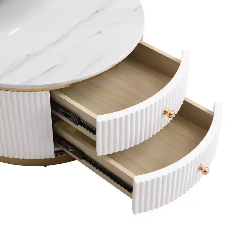 Table basse gigogne ronde moderne Whisen avec tiroirs de rangement et plateau en verre trempé, 2 pièces