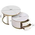 Table basse gigogne ronde moderne Whisen avec tiroirs de rangement et plateau en verre trempé, 2 pièces