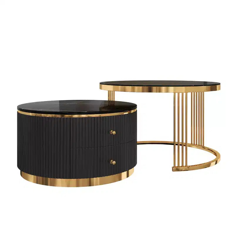 Table basse gigogne ronde moderne Whisen avec tiroirs de rangement et plateau en verre trempé, 2 pièces