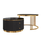 Table basse gigogne ronde moderne Whisen avec tiroirs de rangement et plateau en verre trempé, 2 pièces
