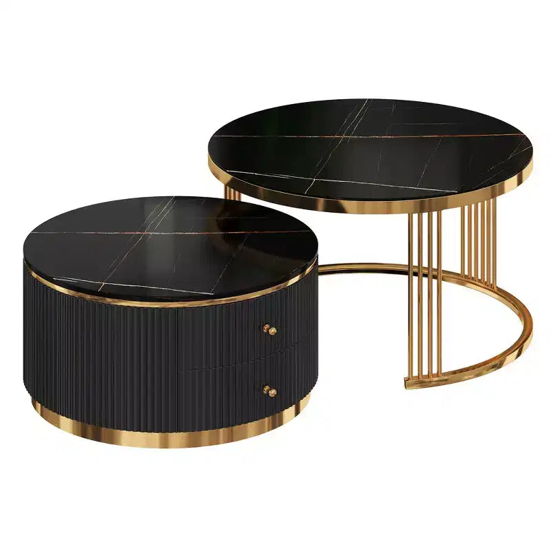 Table basse gigogne ronde moderne Whisen avec tiroirs de rangement et plateau en verre trempé, 2 pièces