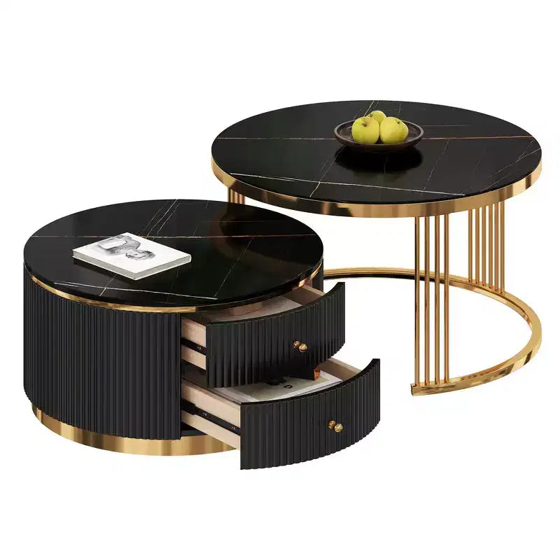 Table basse gigogne ronde moderne Whisen avec tiroirs de rangement et plateau en verre trempé, 2 pièces