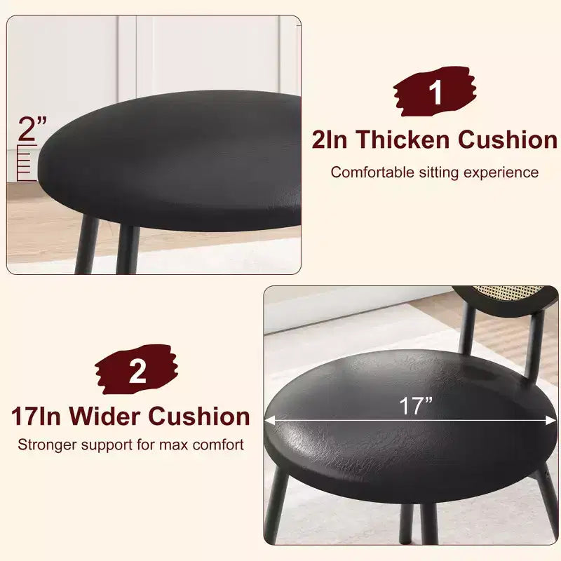 Lot de 4 chaises de salle à manger en rotin. Chaises de cuisine modernes rembourrées avec coussins épais et pieds en métal. Idéales pour les petits espaces.