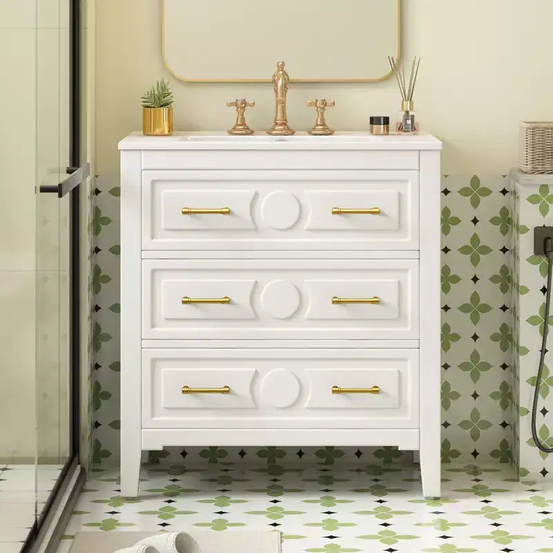 JVNOXK 30'' Solid Wood Bathroom Vanity with Ceramic Sink, Freestanding White Vanity Cabinet with 3 Drawers for Modern Bathroom