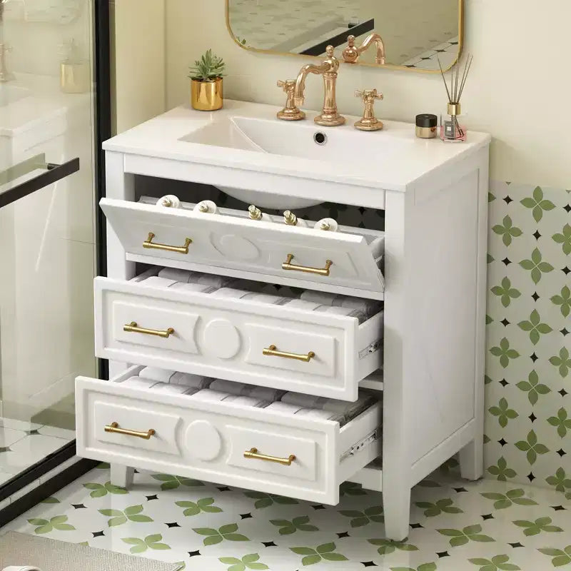 JVNOXK Meuble sous vasque 30'' en bois massif avec lavabo en céramique, meuble-lavabo blanc autoportant avec 3 tiroirs pour salle de bain moderne