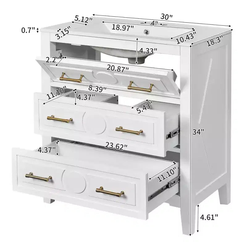JVNOXK Meuble sous vasque 30'' en bois massif avec lavabo en céramique, meuble-lavabo blanc autoportant avec 3 tiroirs pour salle de bain moderne