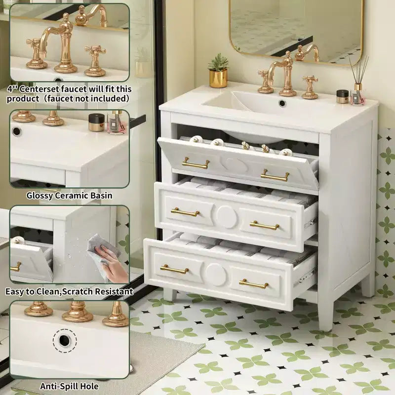 JVNOXK Meuble sous vasque 30'' en bois massif avec lavabo en céramique, meuble-lavabo blanc autoportant avec 3 tiroirs pour salle de bain moderne