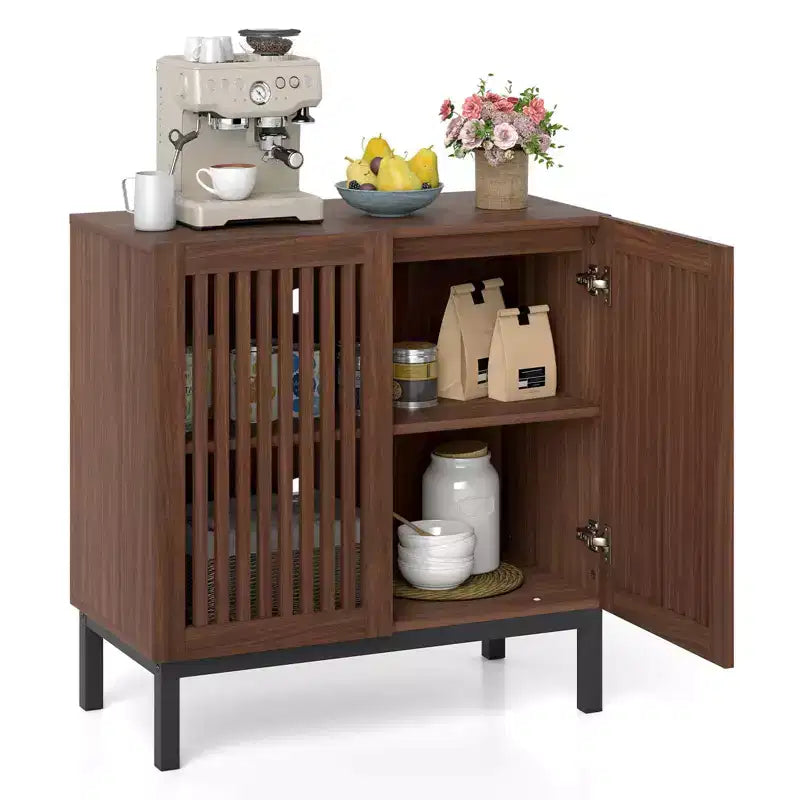 Costway Buffet Cabinet with Storage, 32 Wooden Sideboard Coffee Bar Station with 2 Doors Walnut + Black